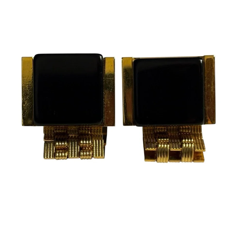 Vintage Cufflinks Black Lucite Wrap‎ Around Gold Tone Watch Band Style Chain
